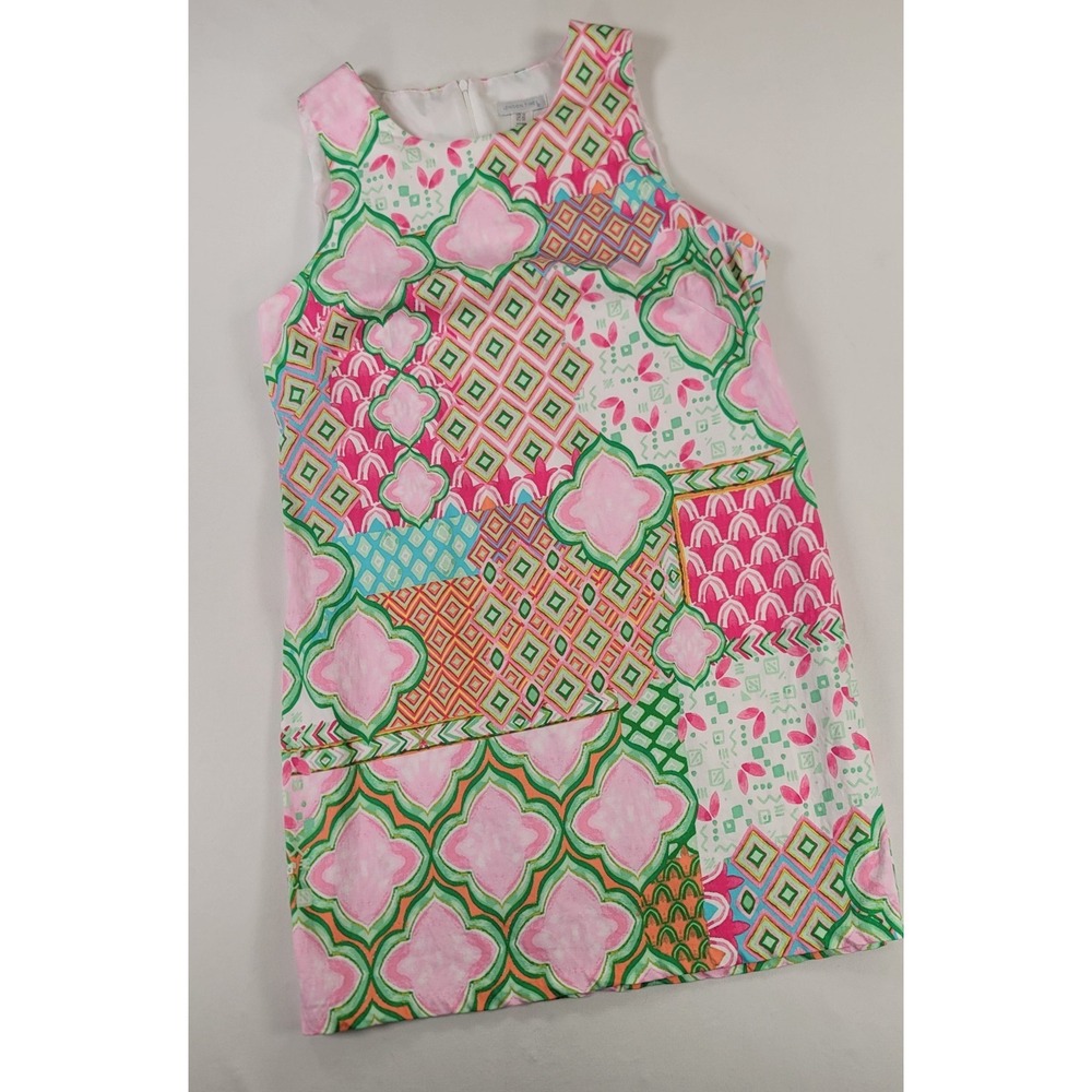 London Times Shift Dress US 16 Pink Green Geometric Print Sleeveless Preppy